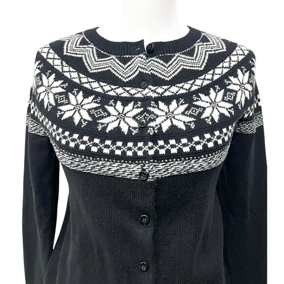 Talbots Snowflake Fair Isle Cardigan Cotton Blend Black & White Women's XS - Picture 2 of 9